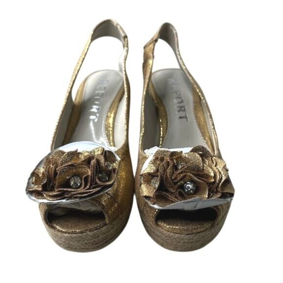 Report Gold Slingback Wedge Sandals With Floral Accents & Glitter Finish Size 8 - Picture 6 of 9
